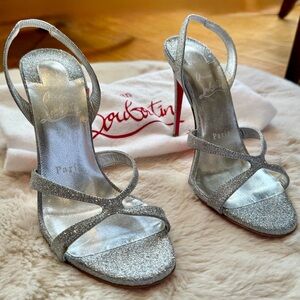 Christian Louboutin Emilie 100 Slingback Sandal Heels Silver Glitter NEVER WORN